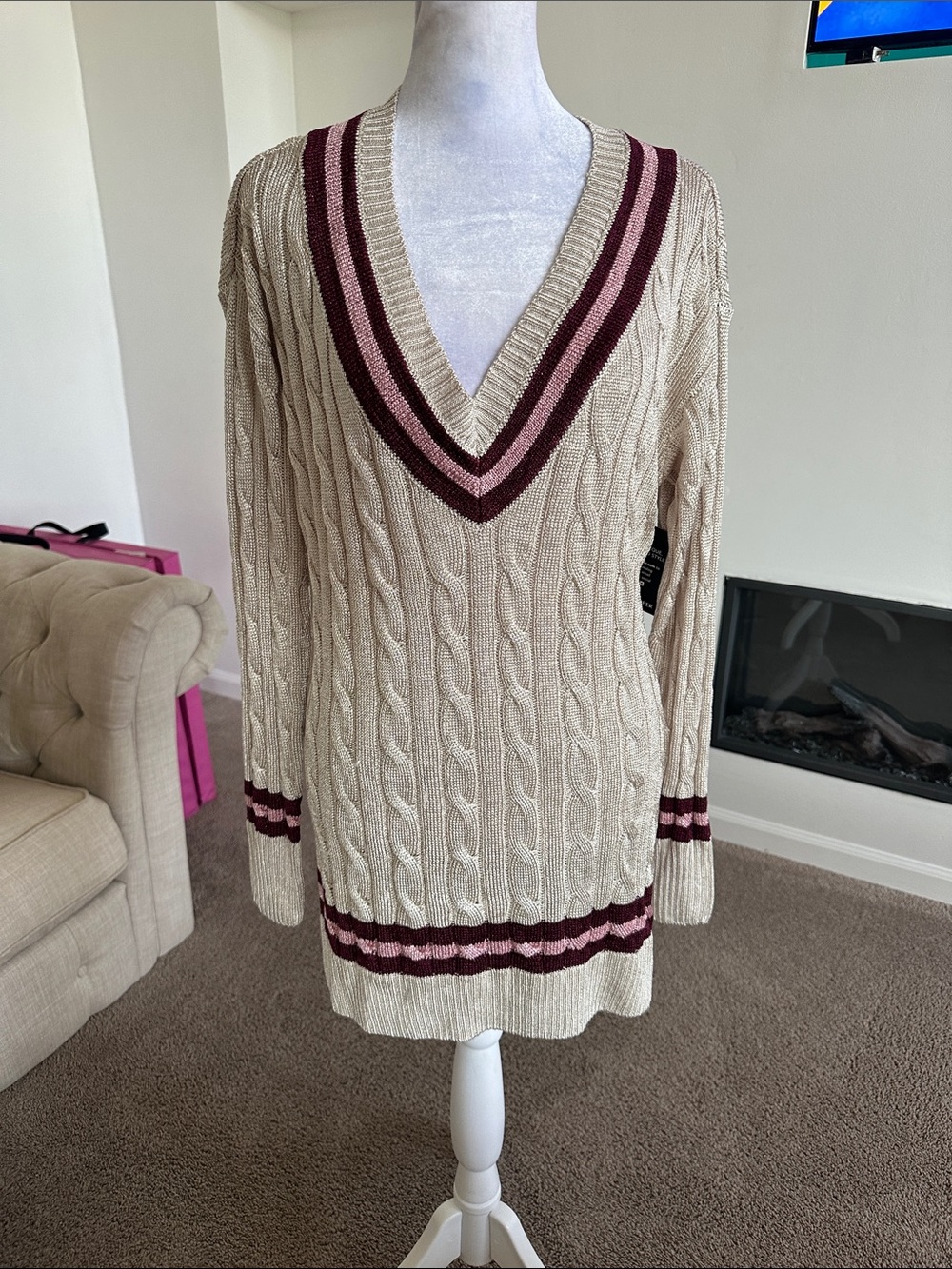 Boston Proper Cream Cable-Knit V-Neck Sweater with Burgundy & Pink Stripes